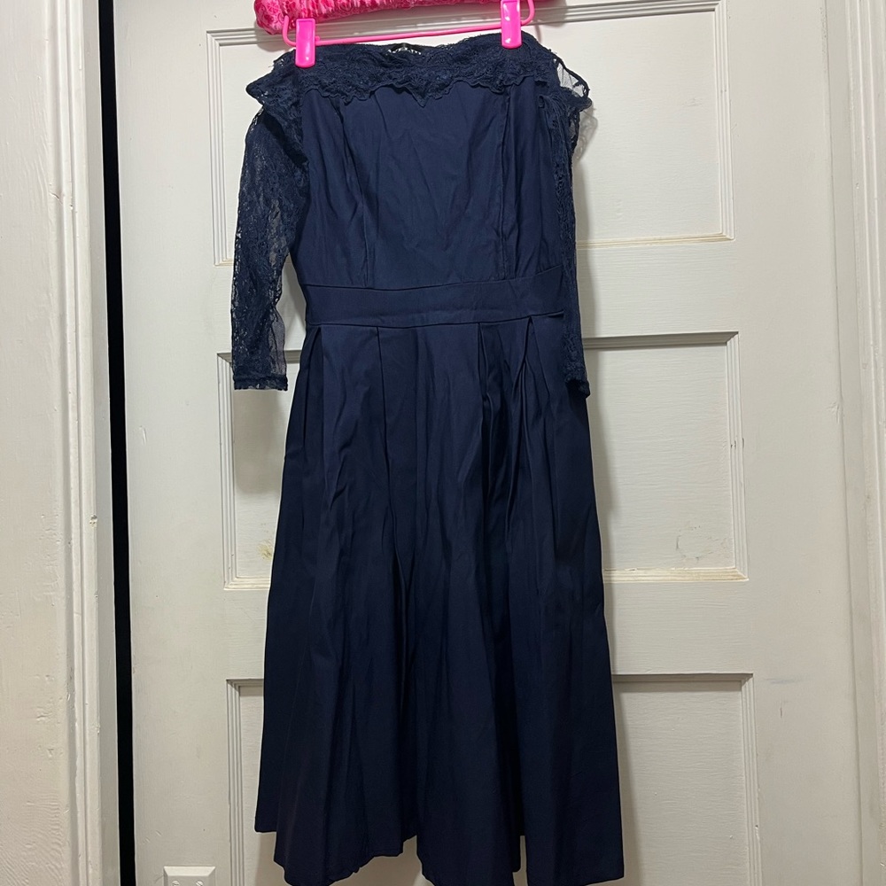 Women’s Navy, off the shoulder, lace formal dress.